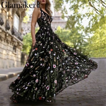 Mesh embroidery floral maxi dress Women backless deep v neck loose dress elegant Black
